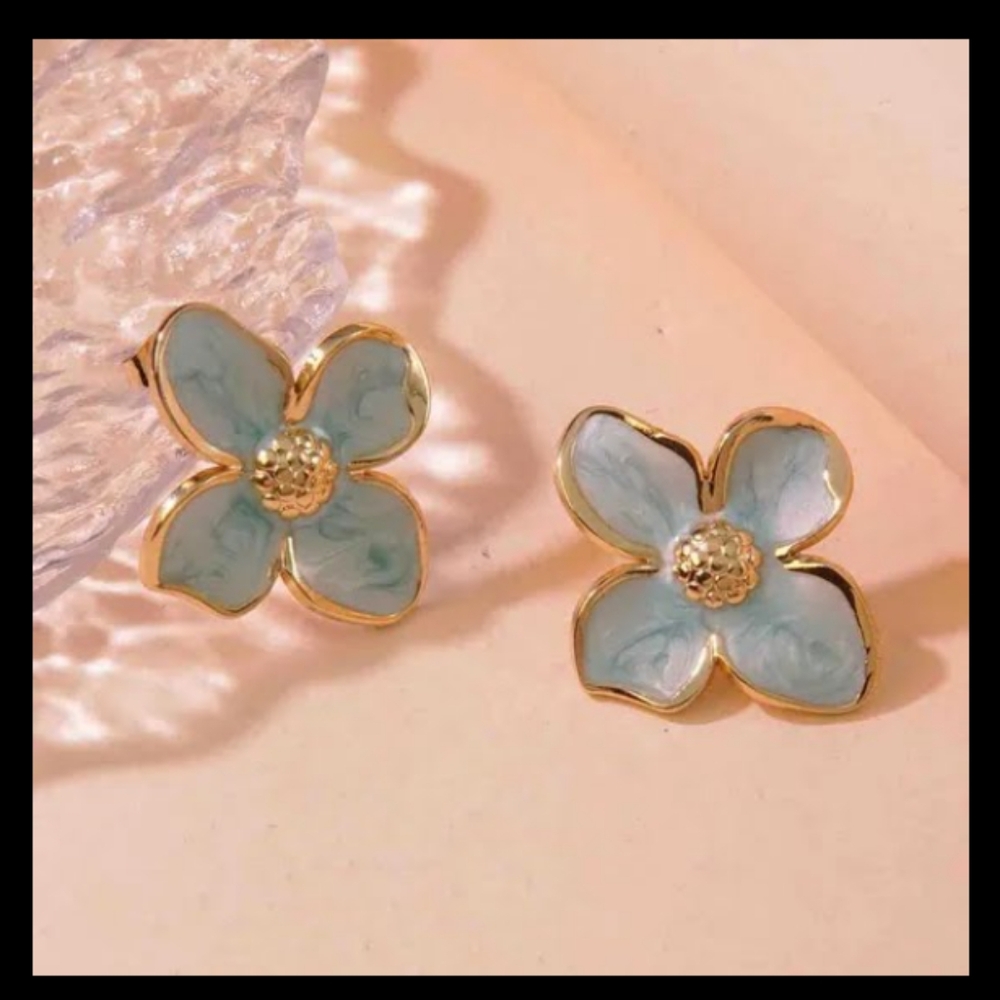 Gold and Blue Floral Earrings